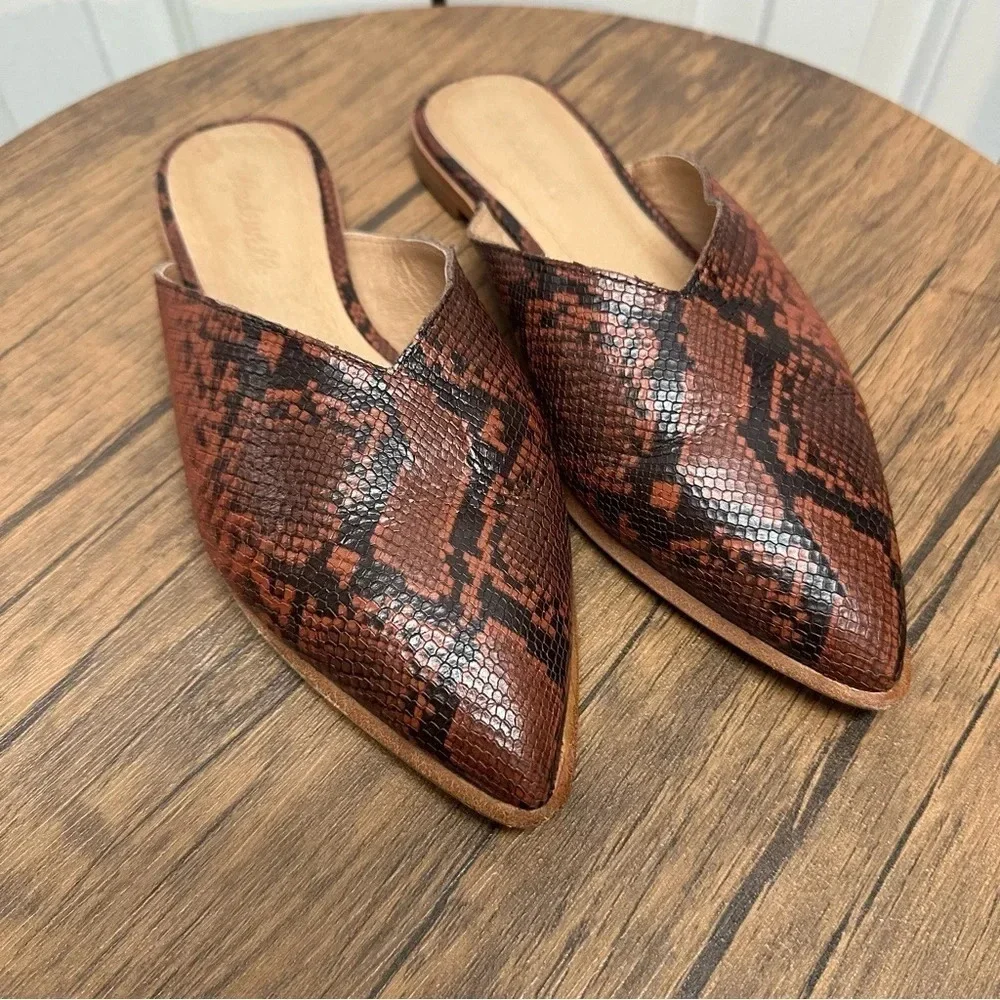 Madewell Mules 8 The Emilia Mule in Snake Embossed Leather Slip On Brown Slides - Picture 1 of 14
